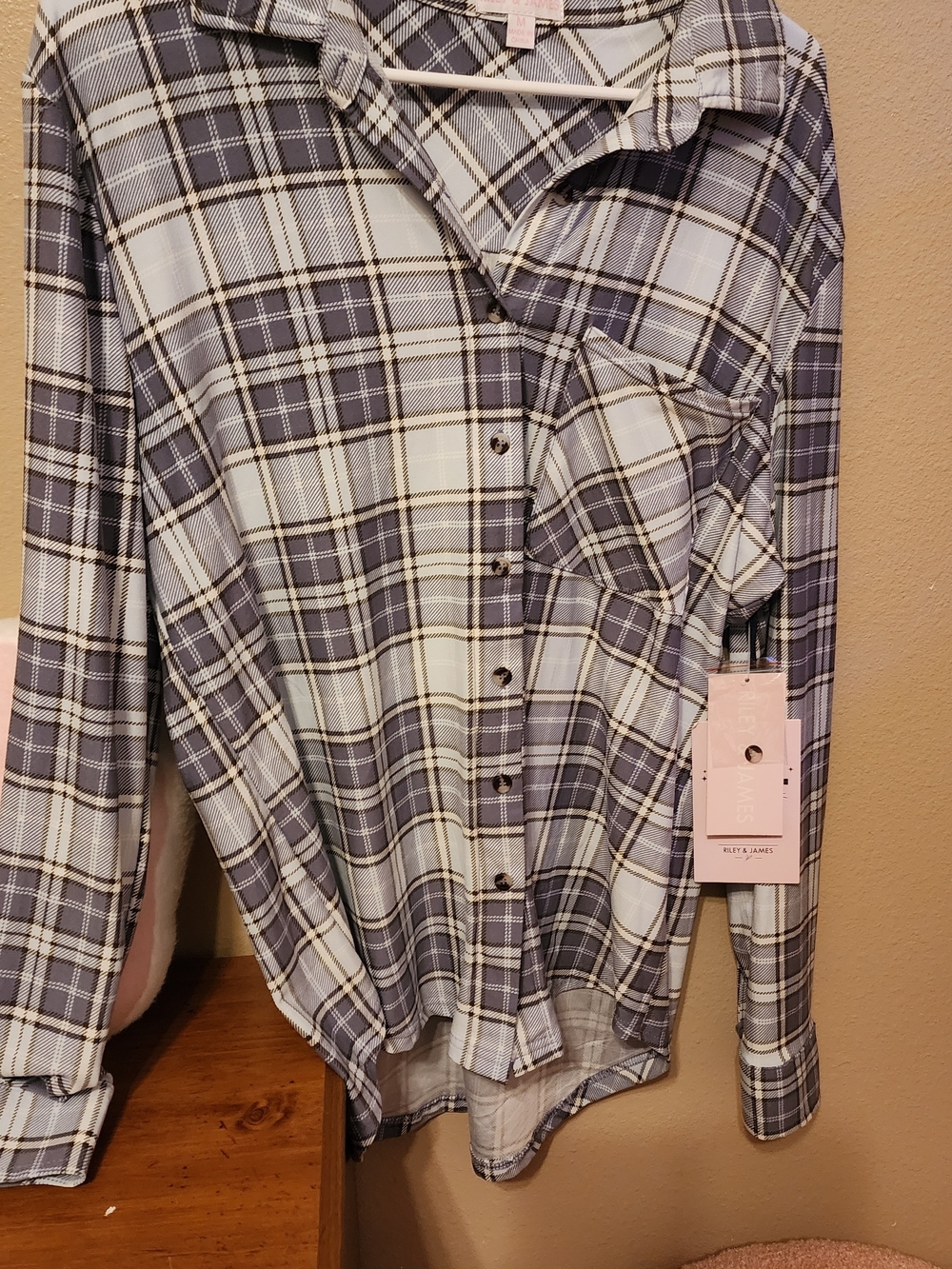 Women's Light Blue and White Plaid Button-Down Shirt - Relaxed Fit